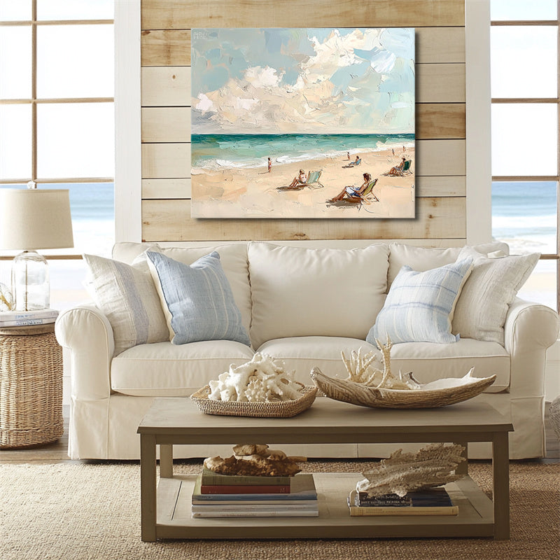 Tranquil Beach Moments-Impressionist Beach Oil Painting: People Relaxing on Sandy Shore