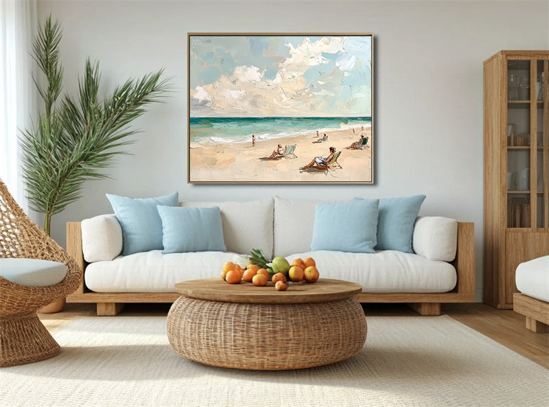 Tranquil Beach Moments-Impressionist Beach Oil Painting: People Relaxing on Sandy Shore