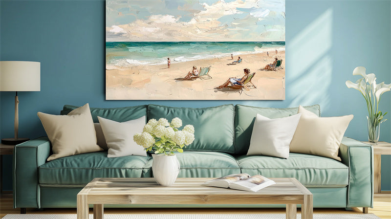 Tranquil Beach Moments-Impressionist Beach Oil Painting: People Relaxing on Sandy Shore
