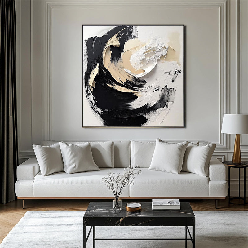 Ethereal Motion: Luxurious Abstract Art - Hand-Painted Black & White Swirls for Modern Decor