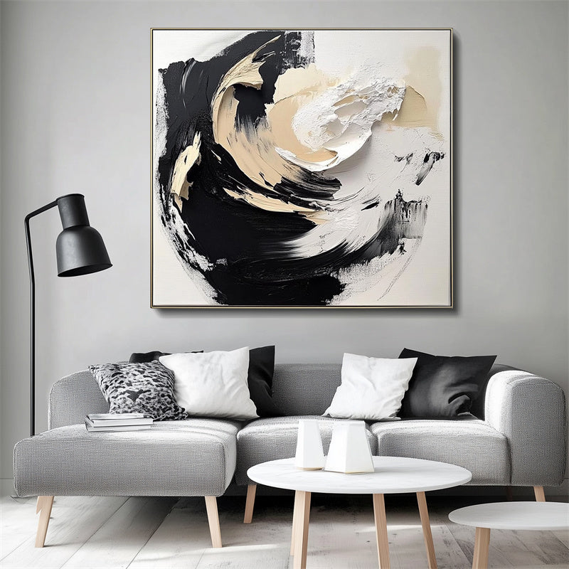 Ethereal Motion: Luxurious Abstract Art - Hand-Painted Black & White Swirls for Modern Decor