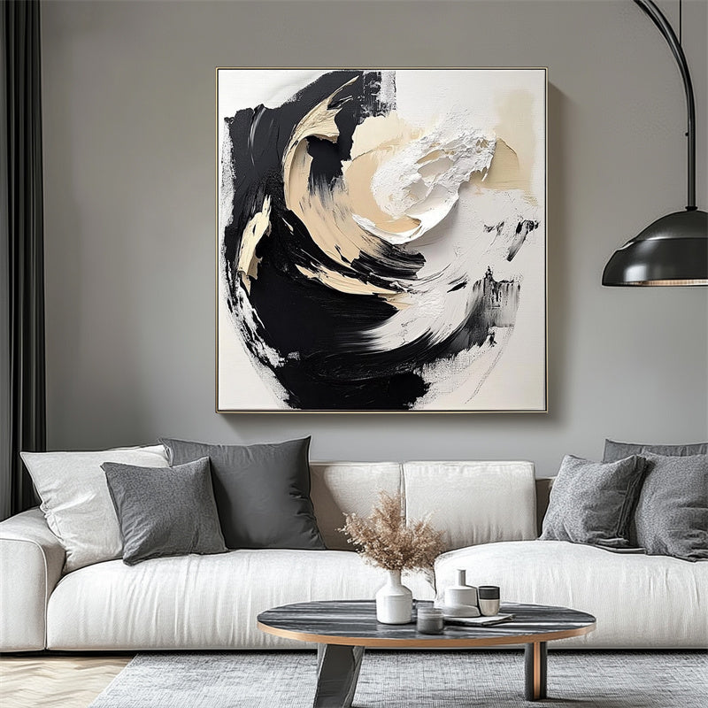 Ethereal Motion: Luxurious Abstract Art - Hand-Painted Black & White Swirls for Modern Decor