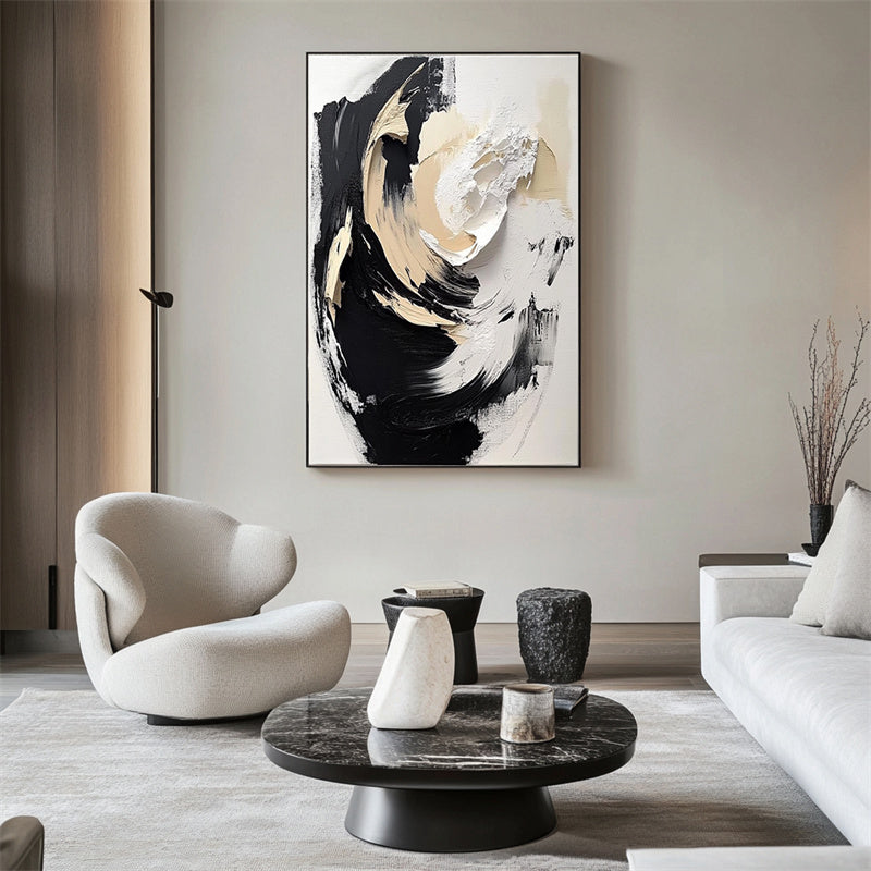 Ethereal Motion: Luxurious Abstract Art - Hand-Painted Black & White Swirls for Modern Decor