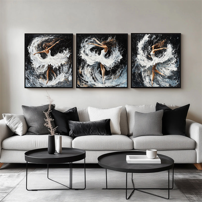 Grace in Motion: Ballet Triptych,3 - Panel Abstract Dancer & Water Splash Triptych Art