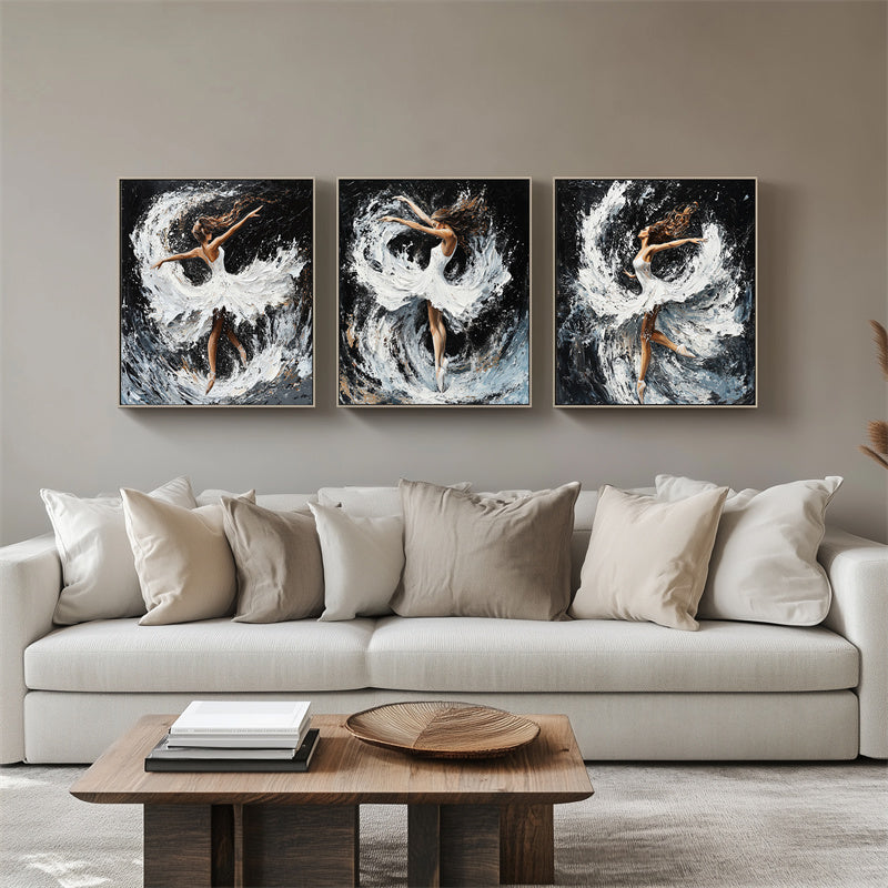 Grace in Motion: Ballet Triptych,3 - Panel Abstract Dancer & Water Splash Triptych Art