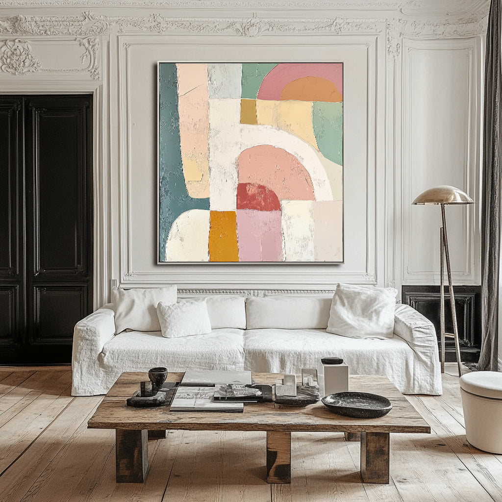 Arches of Serenity-Abstract Geometric Oil Painting, Soft Pastel Tones Textured Wall Art for Home Decor