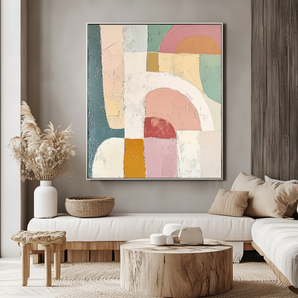 Arches of Serenity-Abstract Geometric Oil Painting, Soft Pastel Tones Textured Wall Art for Home Decor