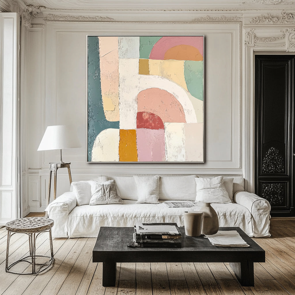 Arches of Serenity-Abstract Geometric Oil Painting, Soft Pastel Tones Textured Wall Art for Home Decor