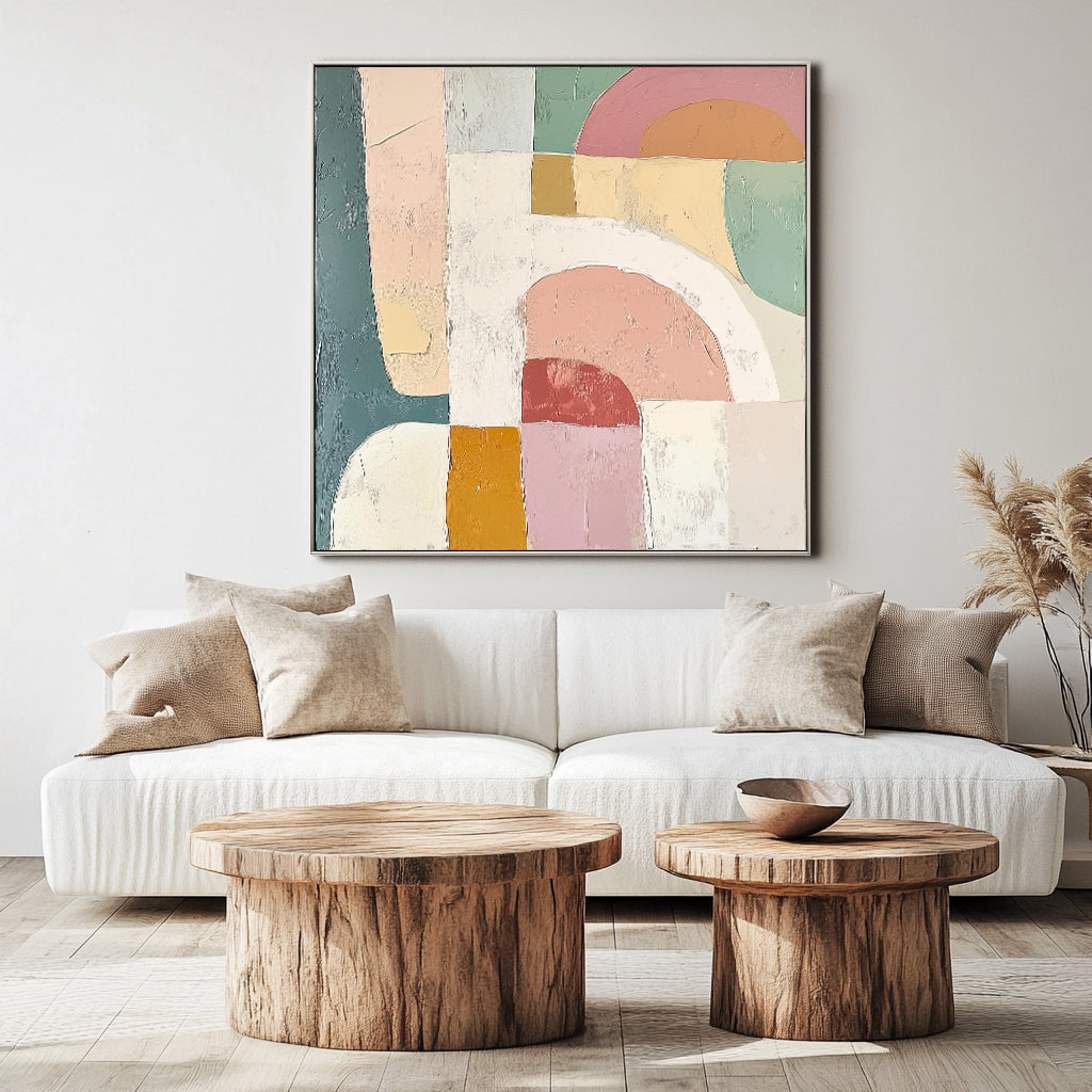 Arches of Serenity-Abstract Geometric Oil Painting, Soft Pastel Tones Textured Wall Art for Home Decor