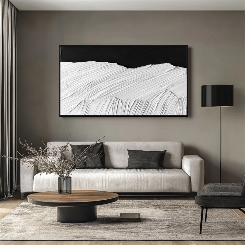Monochrome Waves: Textured Black & White Abstract Landscape Art - Modern Minimalist Wall Decor