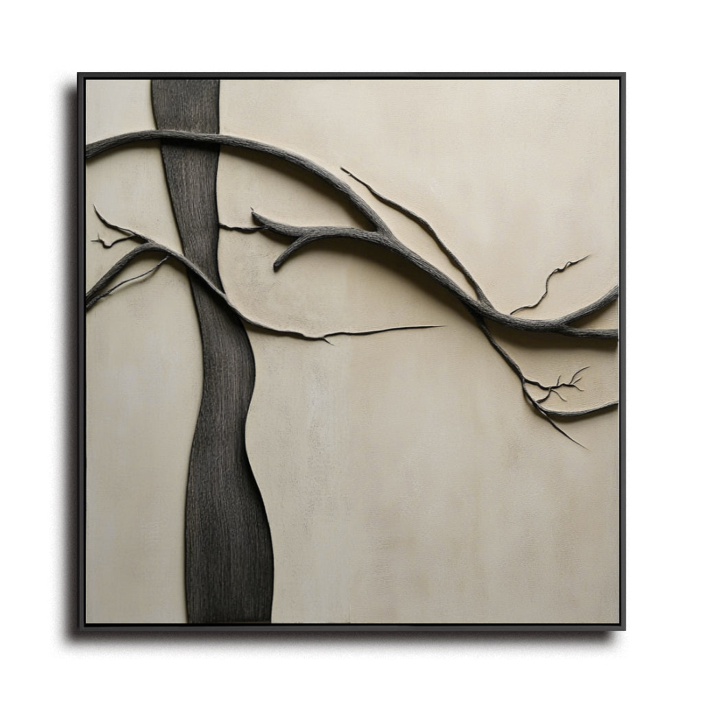 Branches of Solitude: Textured Black Tree Branch Abstract Art - Beige Background, Minimalist Wall Decor for Modern Interiors