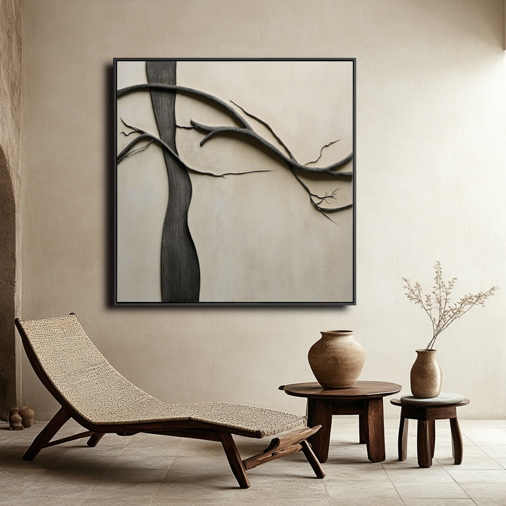 Branches of Solitude: Textured Black Tree Branch Abstract Art - Beige Background, Minimalist Wall Decor for Modern Interiors