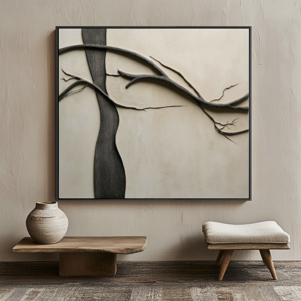 Branches of Solitude: Textured Black Tree Branch Abstract Art - Beige Background, Minimalist Wall Decor for Modern Interiors