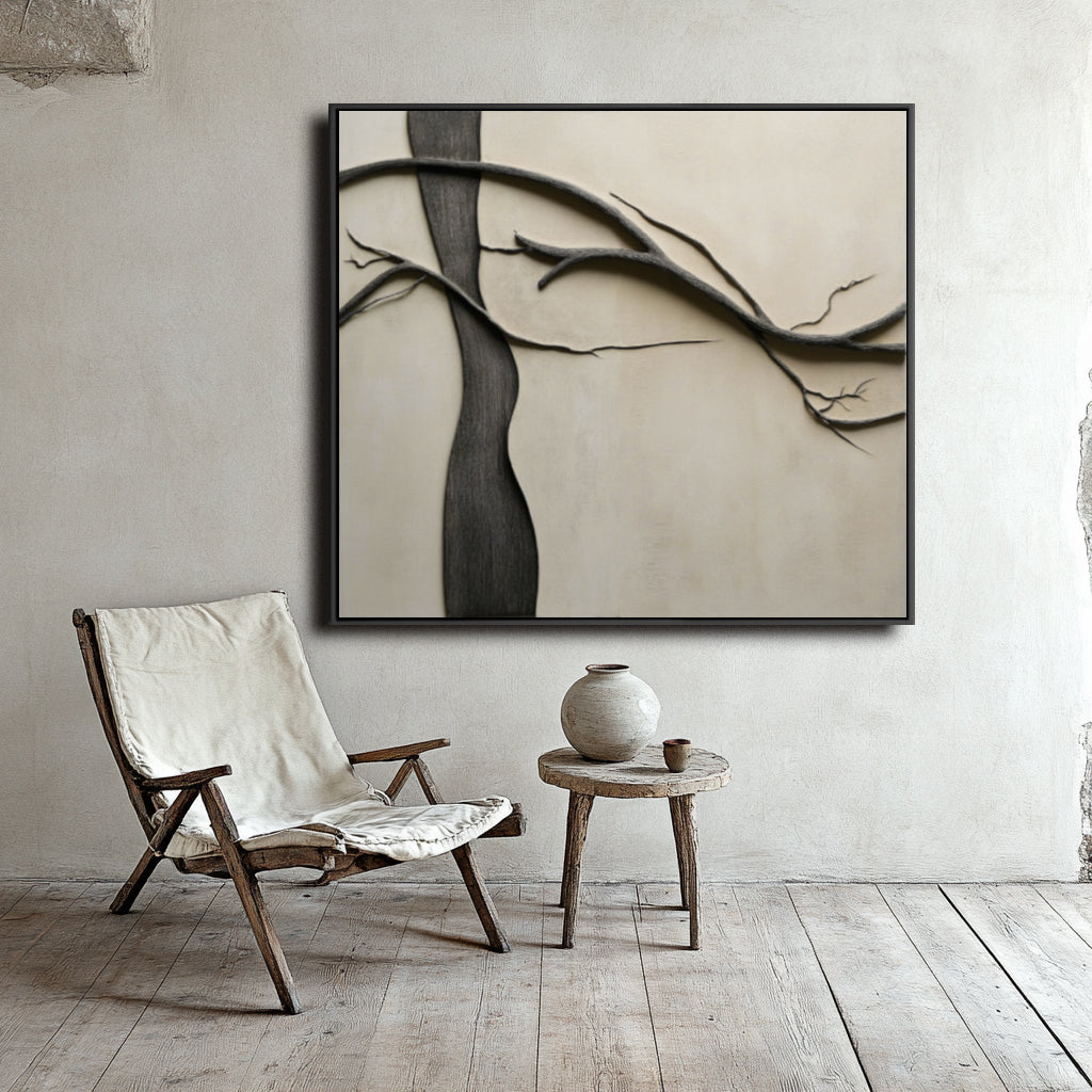 Branches of Solitude: Textured Black Tree Branch Abstract Art - Beige Background, Minimalist Wall Decor for Modern Interiors
