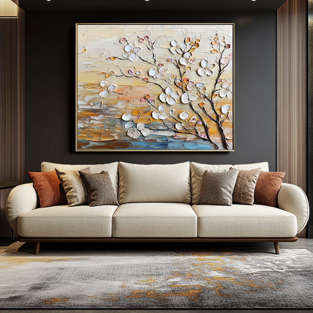 Branching Blooms-Textured Abstract Floral Oil Painting for Contemporary Wall Decor