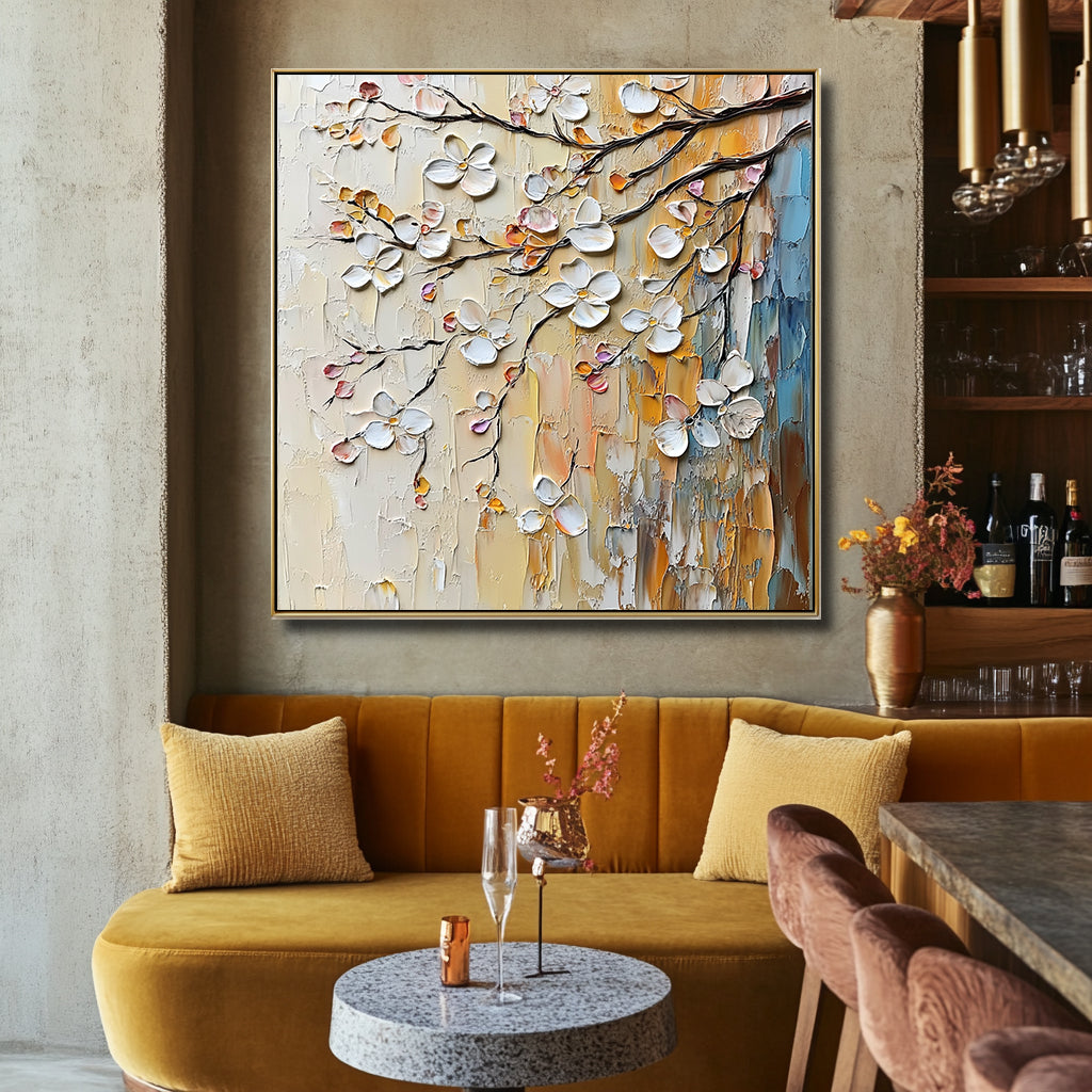Branching Blooms-Textured Abstract Floral Oil Painting for Contemporary Wall Decor