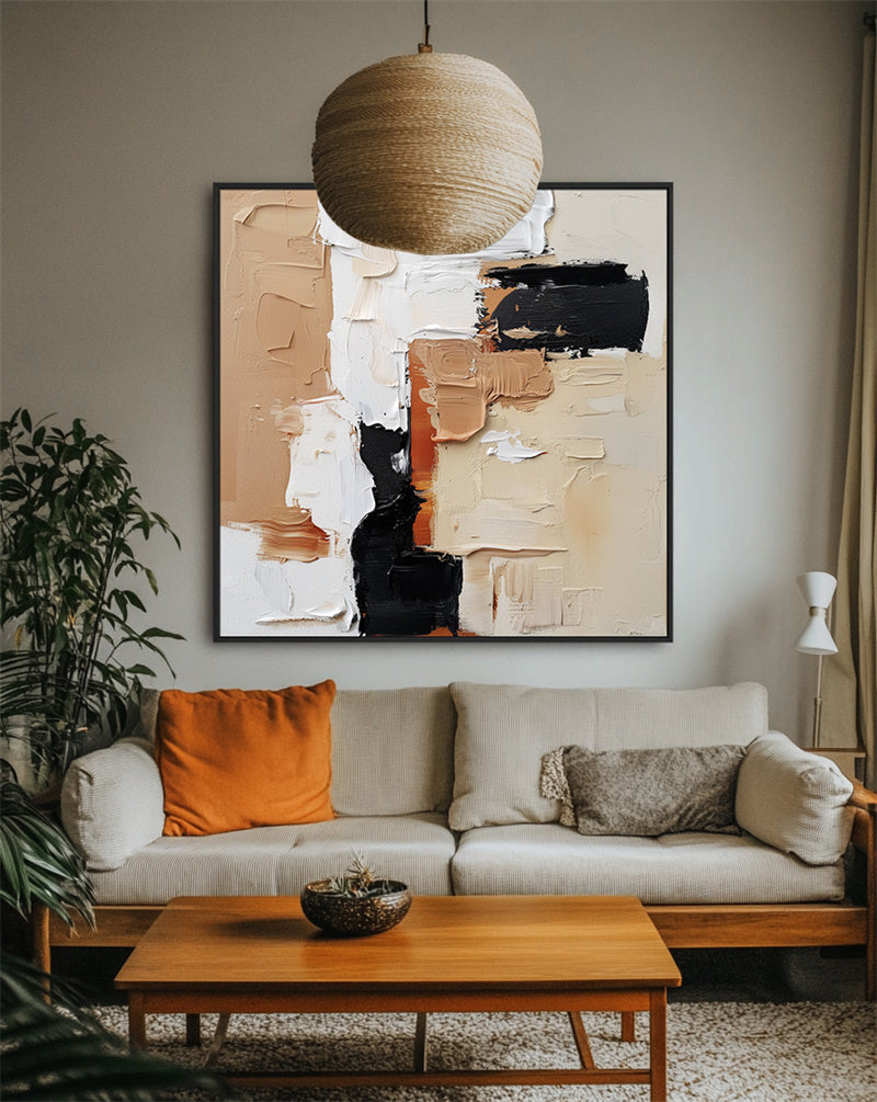 Impasto Abstract Oil Painting with Black, Beige & Brown Tones - Textured Wall Art, Modern Decor for Living Room Interiors