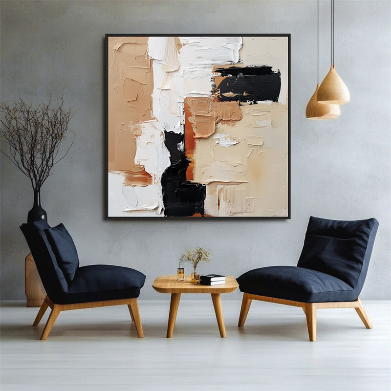 Impasto Abstract Oil Painting with Black, Beige & Brown Tones - Textured Wall Art, Modern Decor for Living Room Interiors