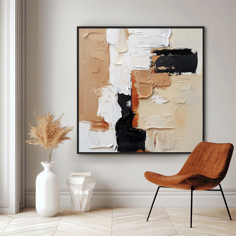 Impasto Abstract Oil Painting with Black, Beige & Brown Tones - Textured Wall Art, Modern Decor for Living Room Interiors