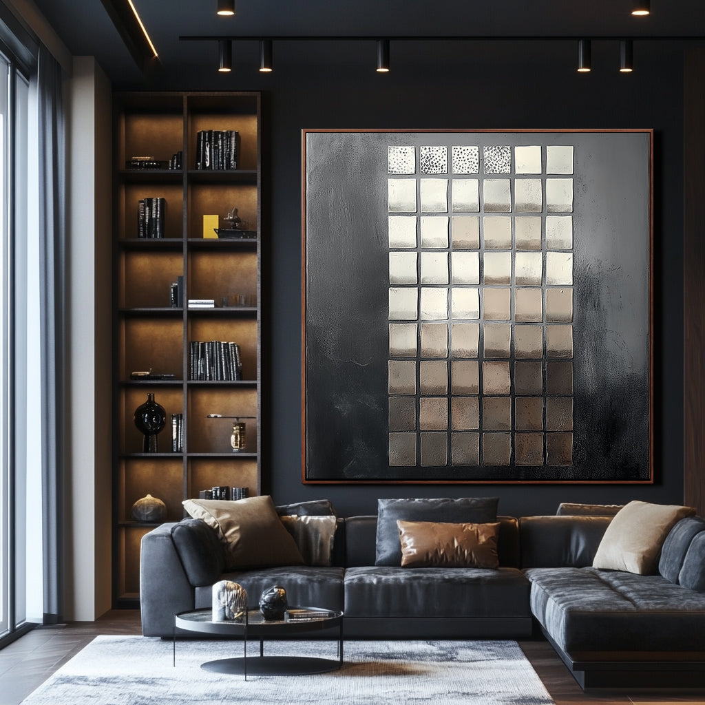 Celestial Drift: Unique Hand-Painted Black Silver Abstract Grid Contemporary Wall Art