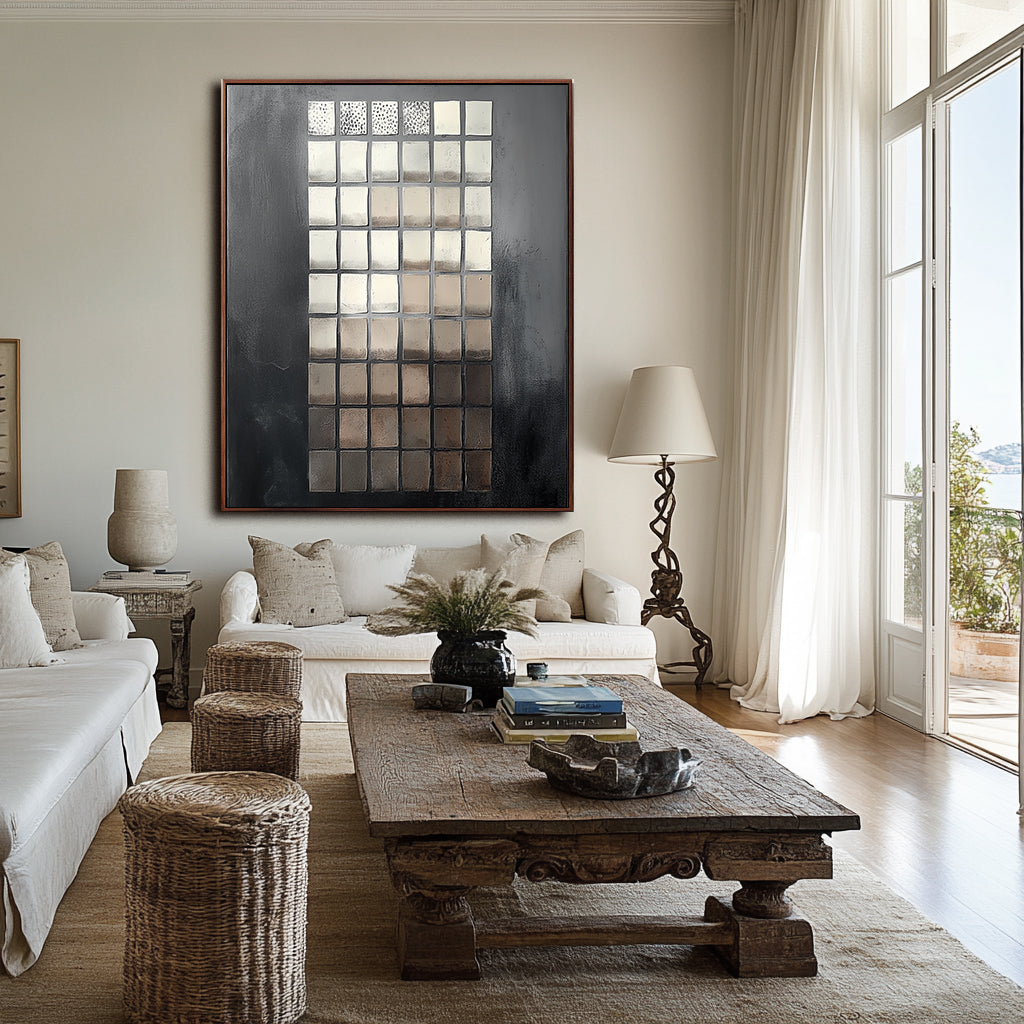 Celestial Drift: Unique Hand-Painted Black Silver Abstract Grid Contemporary Wall Art