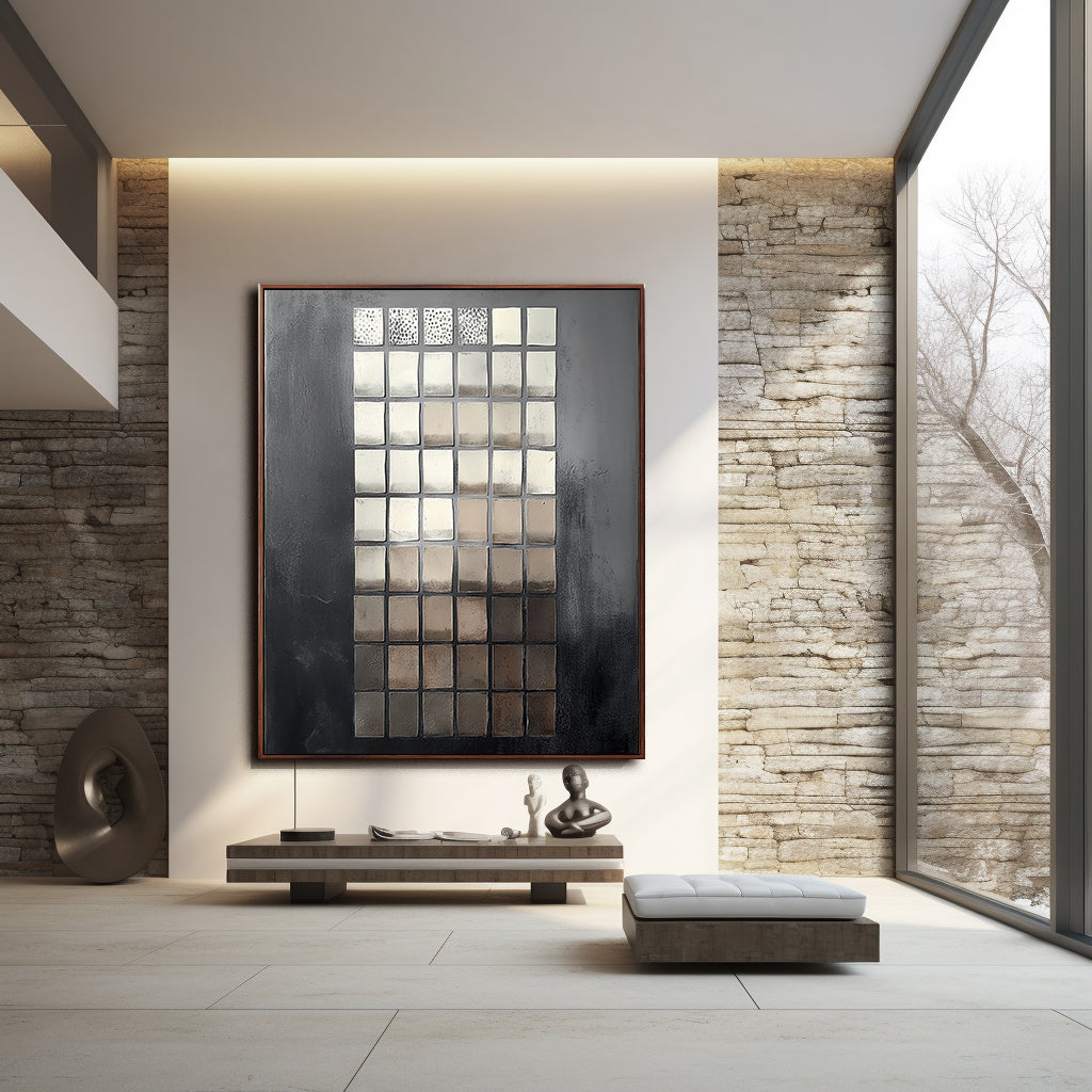 Celestial Drift: Unique Hand-Painted Black Silver Abstract Grid Contemporary Wall Art