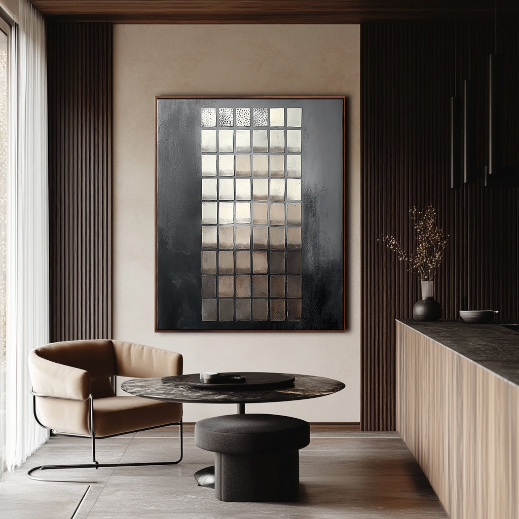 Celestial Drift: Unique Hand-Painted Black Silver Abstract Grid Contemporary Wall Art