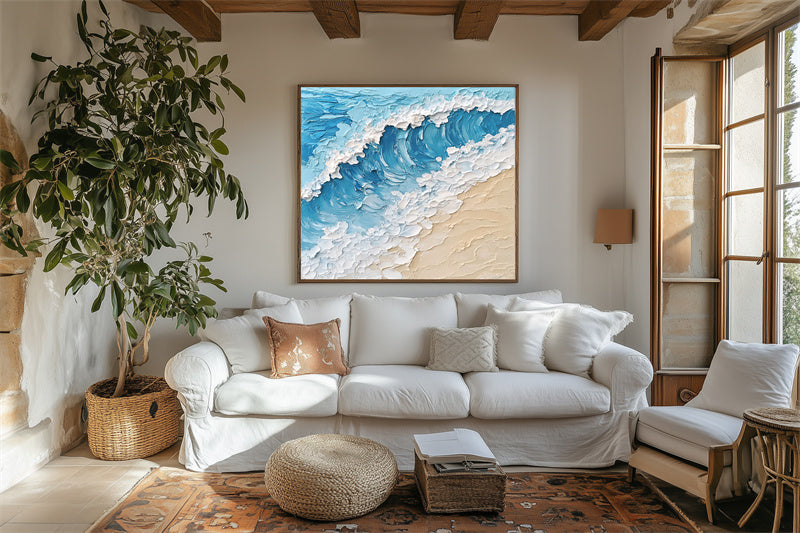 3D Textured Ocean Wave Canvas Art - Coastal Themed Impasto Wall Decor, Modern Beach House Interiors Artwork