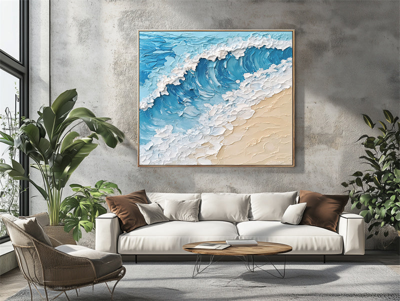 3D Textured Ocean Wave Canvas Art - Coastal Themed Impasto Wall Decor, Modern Beach House Interiors Artwork