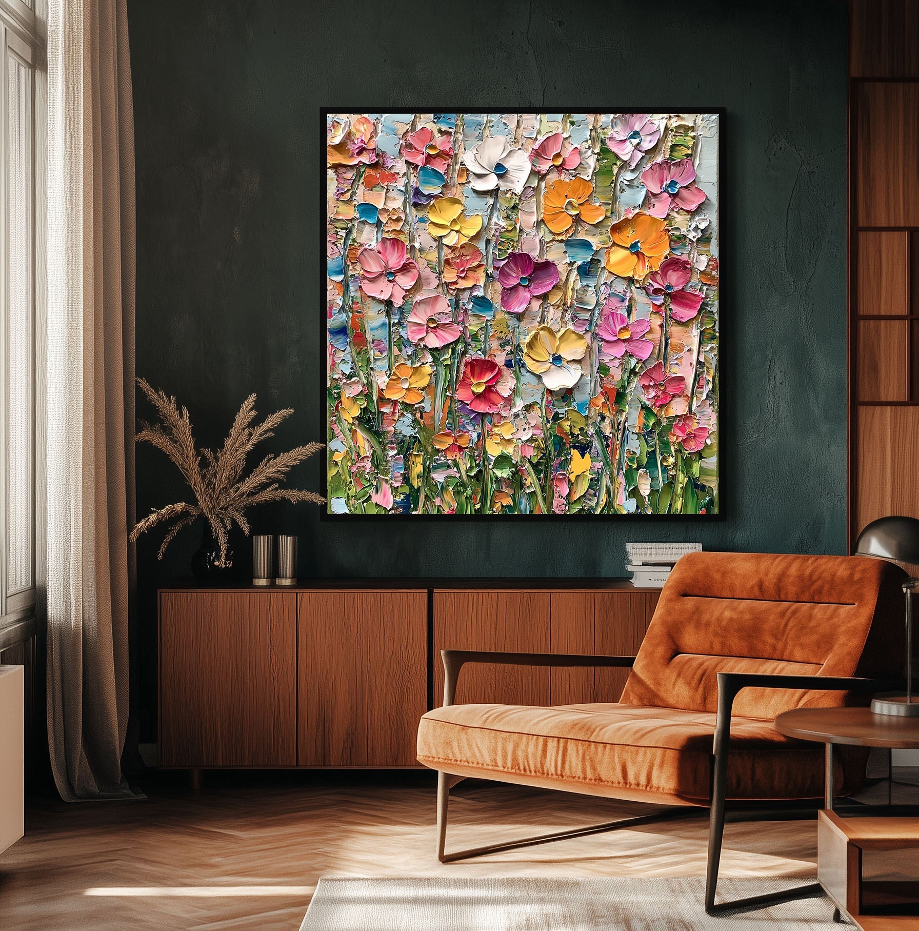 Floral Meadow Symphony-Colorful Abstract Floral Canvas Painting for Modern Wall Decor