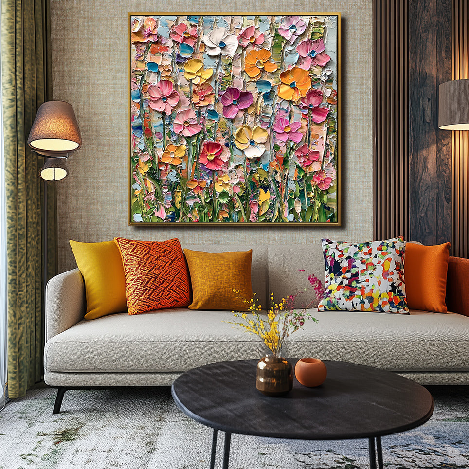Floral Meadow Symphony-Colorful Abstract Floral Canvas Painting for Modern Wall Decor