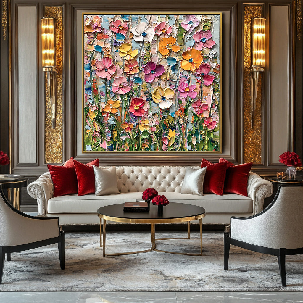 Floral Meadow Symphony-Colorful Abstract Floral Canvas Painting for Modern Wall Decor