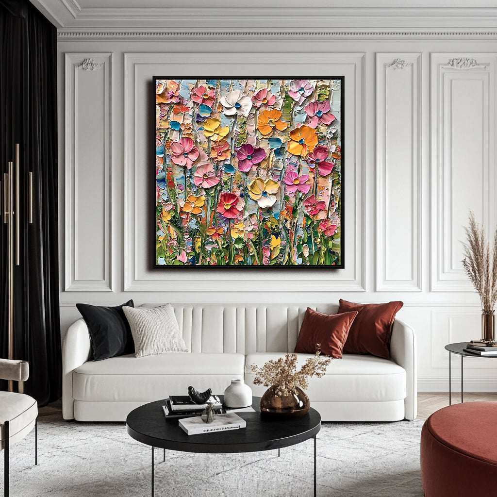 Floral Meadow Symphony-Colorful Abstract Floral Canvas Painting for Modern Wall Decor