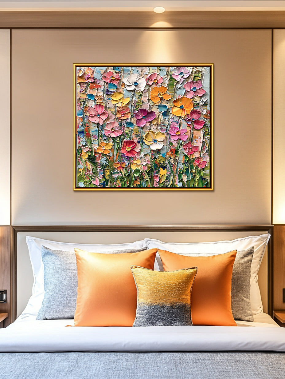 Floral Meadow Symphony-Colorful Abstract Floral Canvas Painting for Modern Wall Decor