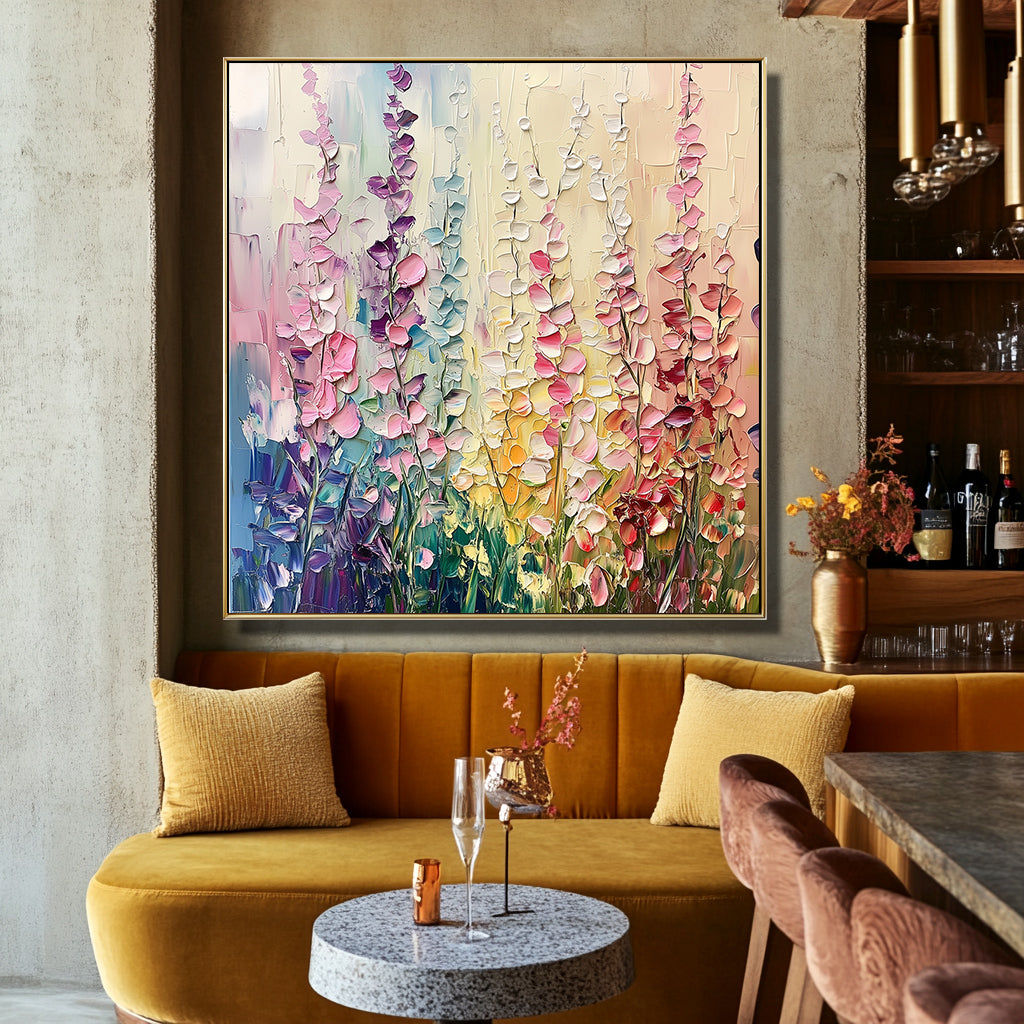 Floral Symphony-Modern Rainbow Floral Wall Art - Textured Oil Painting of Flowers in Field