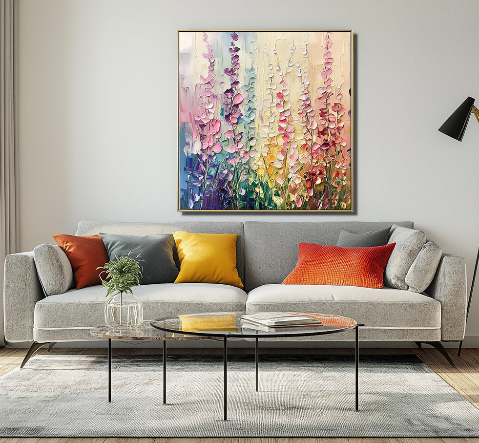 Floral Symphony-Modern Rainbow Floral Wall Art - Textured Oil Painting of Flowers in Field