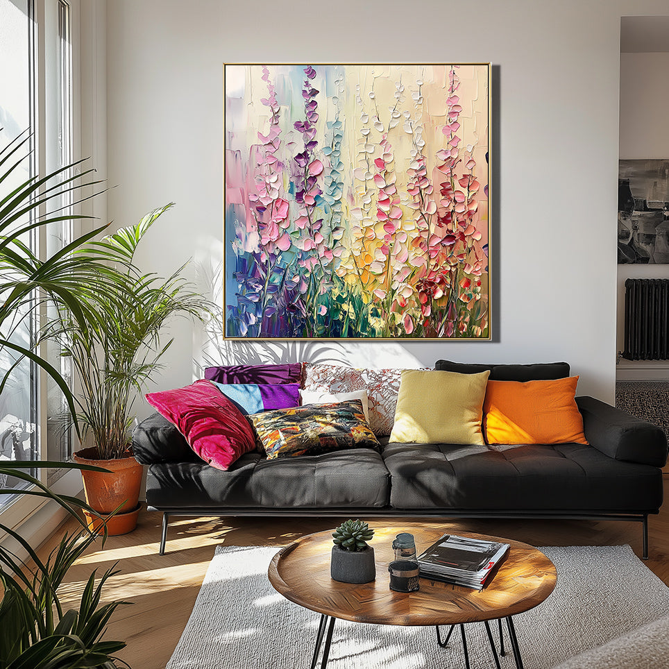 Floral Symphony-Modern Rainbow Floral Wall Art - Textured Oil Painting of Flowers in Field