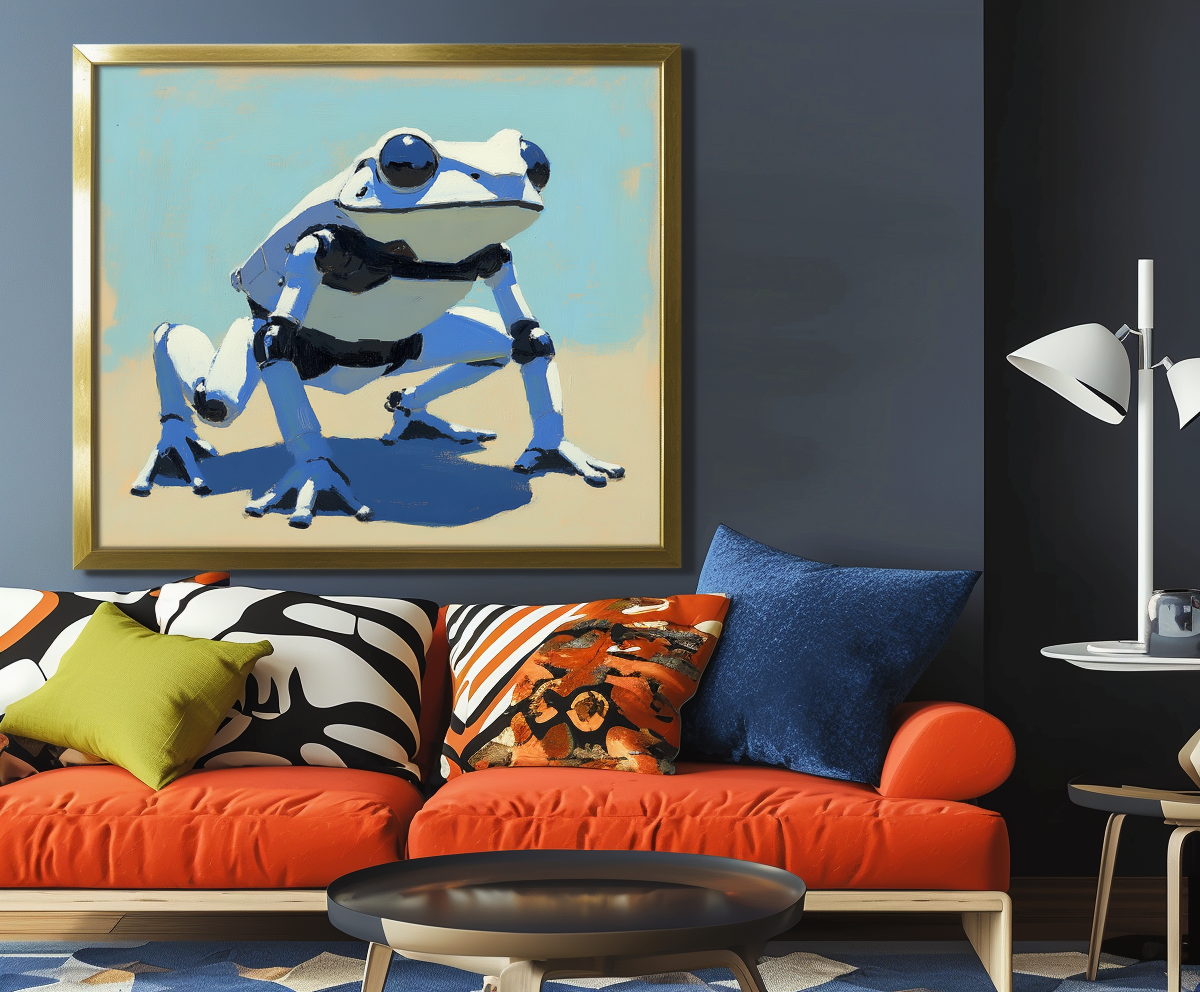 RoboFrog: Futuristic Art-Blue-White Robotic Frog Canvas Art - Contemporary Oil Painting, Unique Cyberpunk Wall Decor for Art Enthusiasts