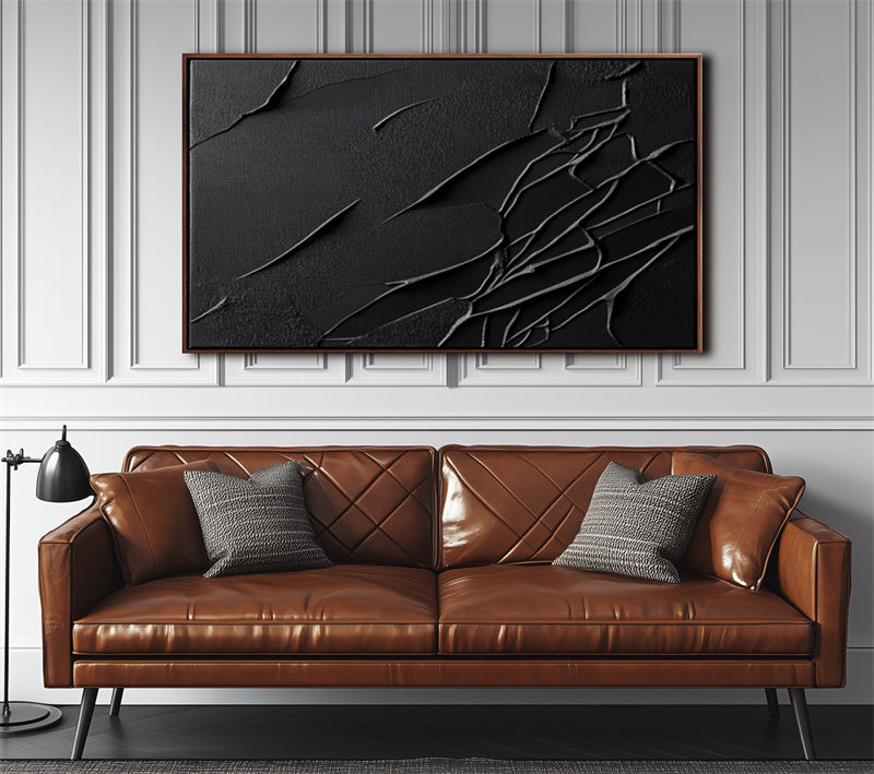 Cracked Serenity: Large Black Abstract Art with Cracked Lines - Minimalist Modern Wall Decor