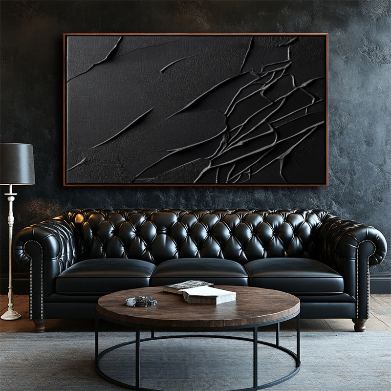 Cracked Serenity: Large Black Abstract Art with Cracked Lines - Minimalist Modern Wall Decor