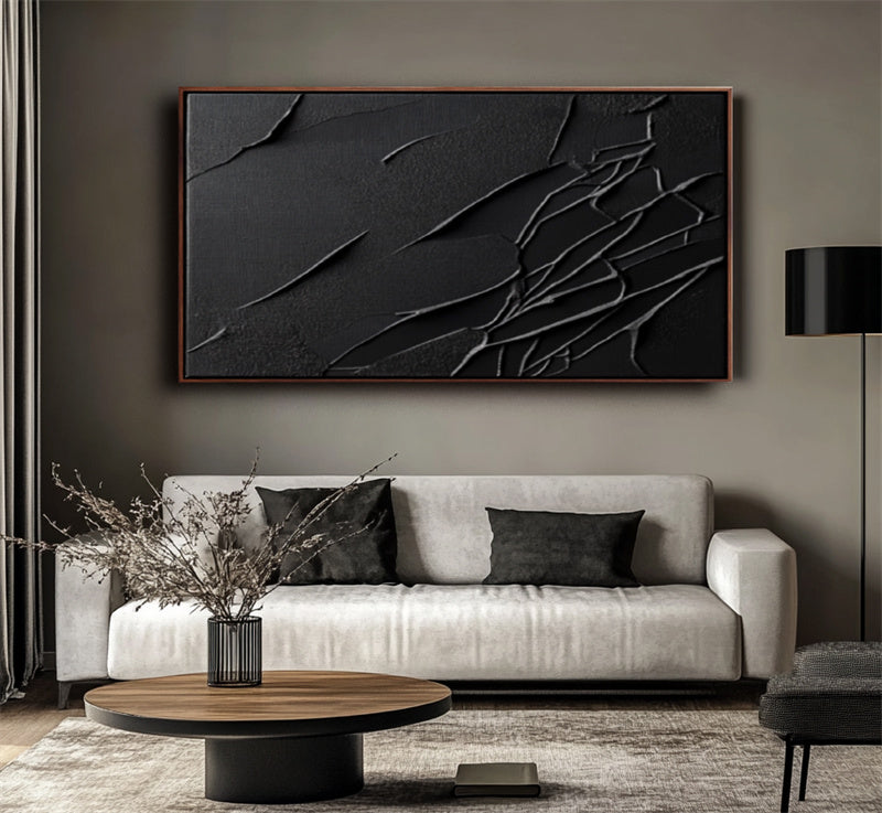 Cracked Serenity: Large Black Abstract Art with Cracked Lines - Minimalist Modern Wall Decor