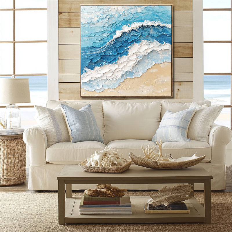 Crashing Waves: Blue White Textured Ocean Wave Painting - Seascape Wall Art with Impasto Technique, Nature Inspired Decor for Bedroom