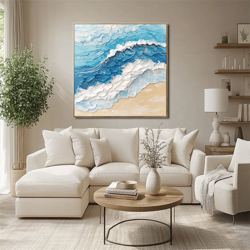Crashing Waves: Blue White Textured Ocean Wave Painting - Seascape Wall Art with Impasto Technique, Nature Inspired Decor for Bedroom