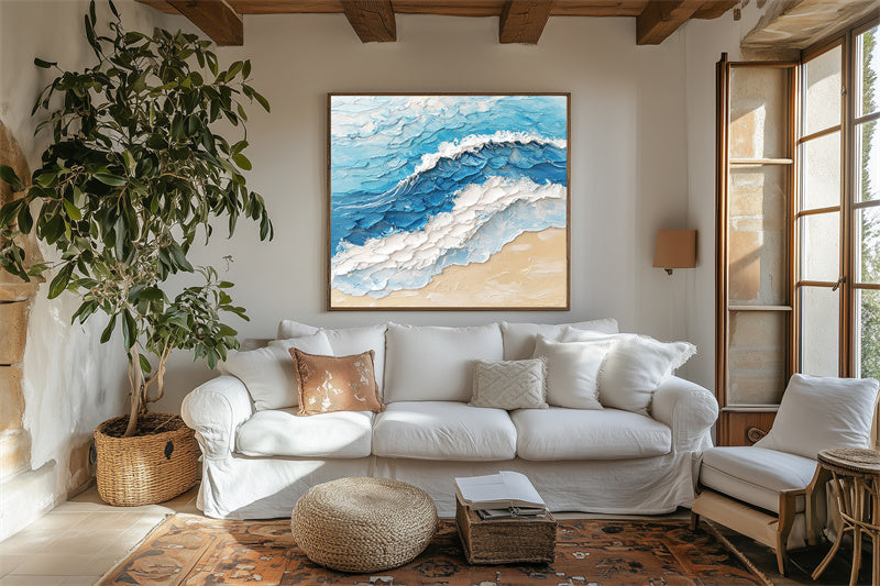 Crashing Waves: Blue White Textured Ocean Wave Painting - Seascape Wall Art with Impasto Technique, Nature Inspired Decor for Bedroom