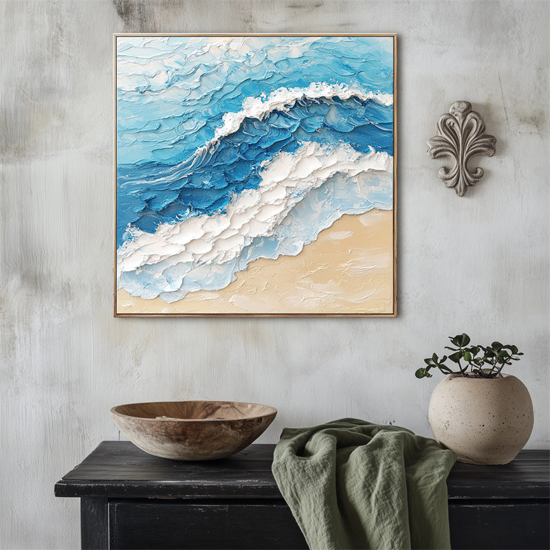 Crashing Waves: Blue White Textured Ocean Wave Painting - Seascape Wall Art with Impasto Technique, Nature Inspired Decor for Bedroom