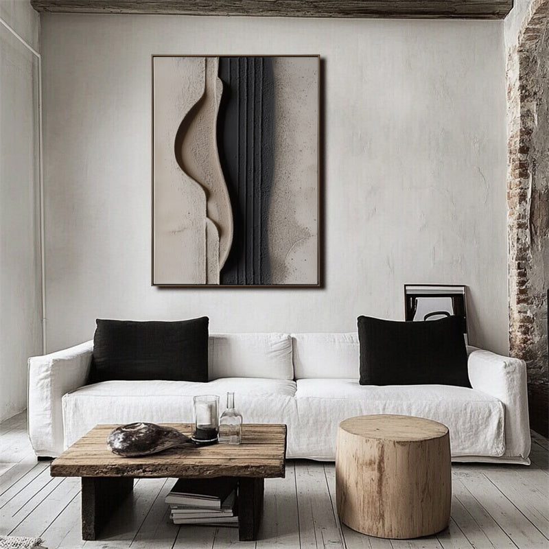 Curved Minimalism: Impasto Black Grey Abstract Art - Chic Wall Decor for Modern Homes