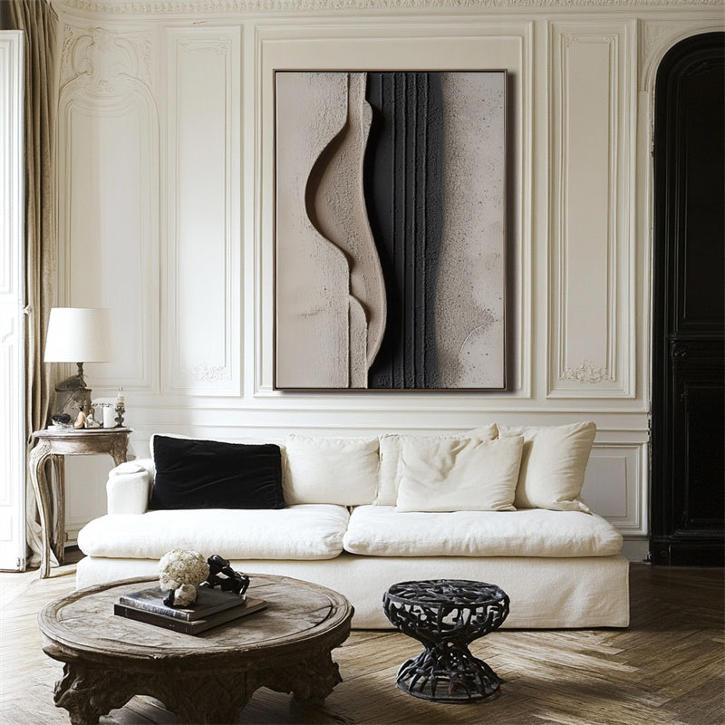 Curved Minimalism: Impasto Black Grey Abstract Art - Chic Wall Decor for Modern Homes