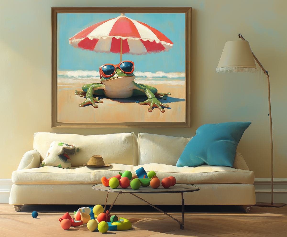 Chill Frog: Funny Frog on Beach with Sunglasses & Striped Umbrella - Whimsical Coastal Oil Painting, Playful Wall Art for Living Room & Beach-Themed Spaces
