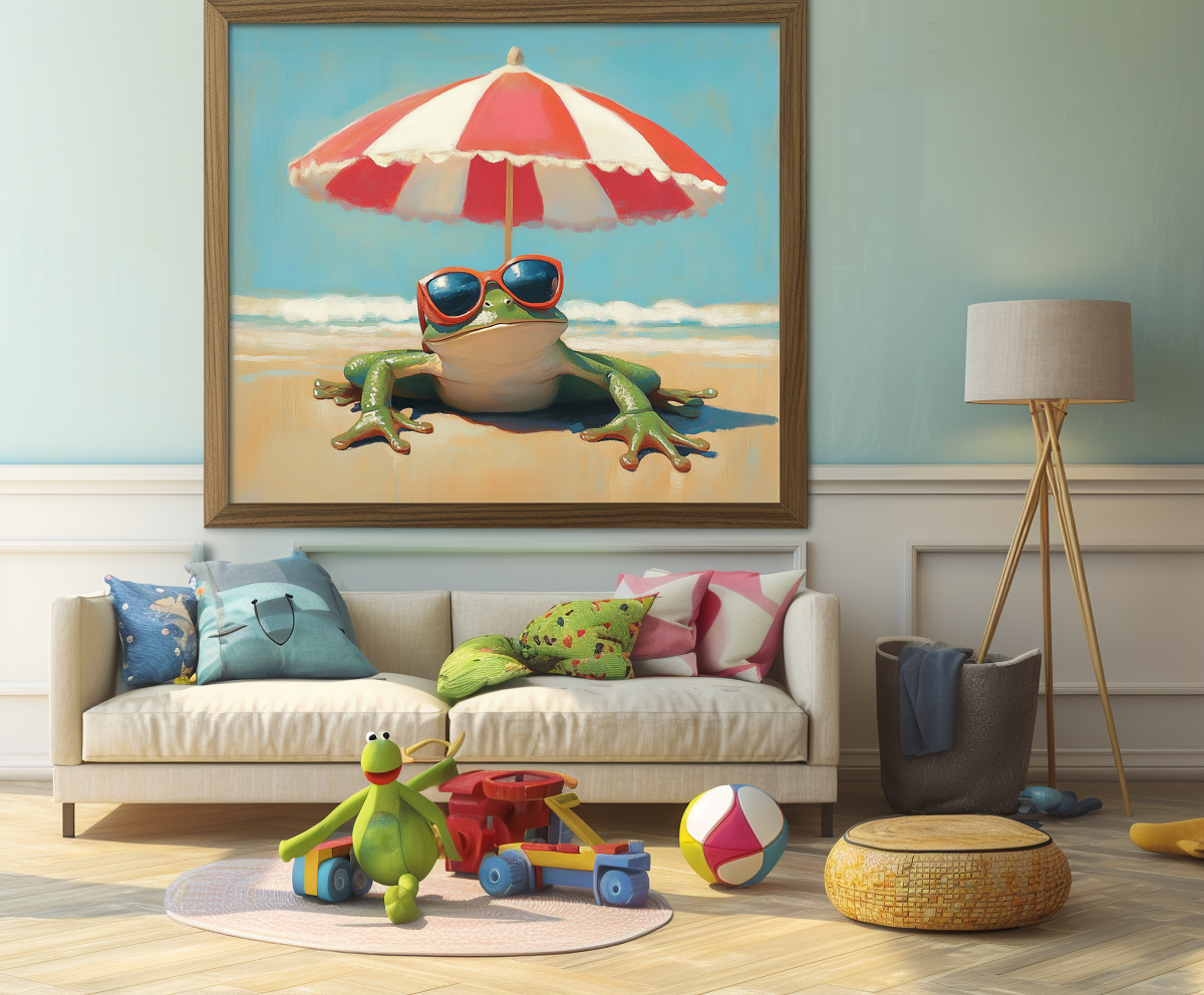 Chill Frog: Funny Frog on Beach with Sunglasses & Striped Umbrella - Whimsical Coastal Oil Painting, Playful Wall Art for Living Room & Beach-Themed Spaces