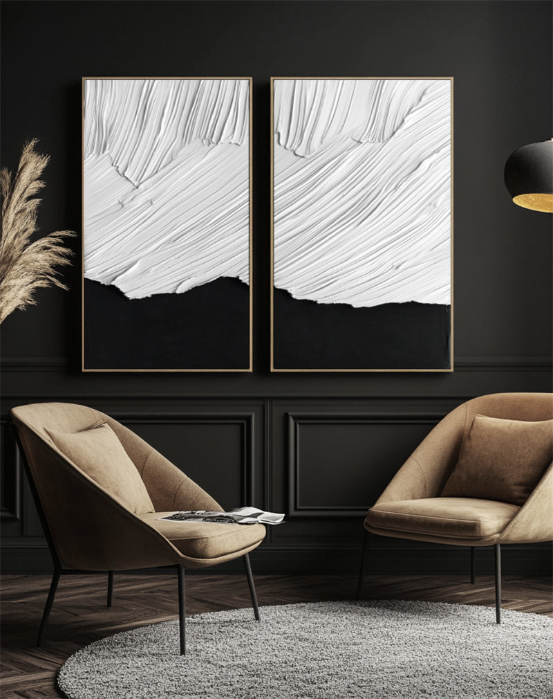 Monochrome Harmony: Large Black & White Abstract Diptych Art - Minimalist Wall Decor for Modern Spaces